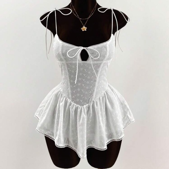 Bowknot Waist Belted Lace Insert Flounced Hem Mini Dress - Picture 1 of 1